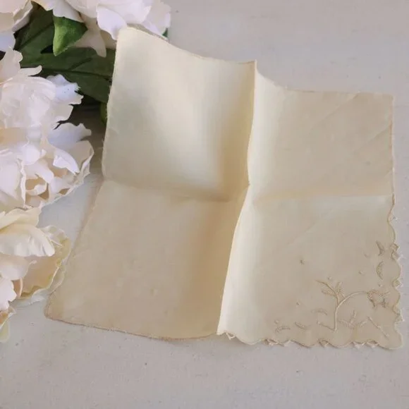 Vintage Ivory Handkerchief, Embroidered Rayon Hankie Pocket Square - Picture 5 of 10
